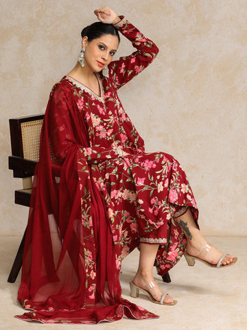 Floral Printed V Neck Anarkali Kurta With Trouser & Dupatta